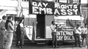 Decriminalisation campaigners, including Lex Watson, at the Gay Rights Embassy opposite then Premier Neville Wran's home in 1983 (source: Adrian Short as published in Sydney Morning Herald).